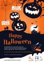 Plakat Kürbisschnitzen. Zu sehen sind mehrere gruselige Kürbisse und der Text "Happy Halloween"