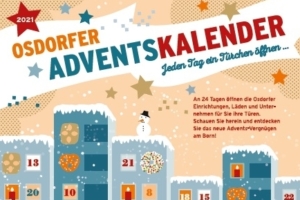 Deckblatt Osdorfer Adventskalender. Zu sehen sind singende Kinder, ein Weihnachtsmann mit Schlitten, der einem Kind ein Geschenk gibt und im Hintergrund Hochhäuser
