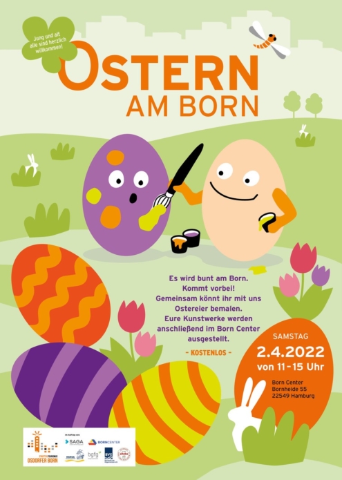 buntes Plakat mit Ostereiern zu Bewerbung der Oster-Aktion am Born Center