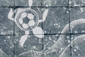 Reserve Graffiti auf dem Boden. Zu sehen ist eine Schildkröte mit einem Fußball als Panzer